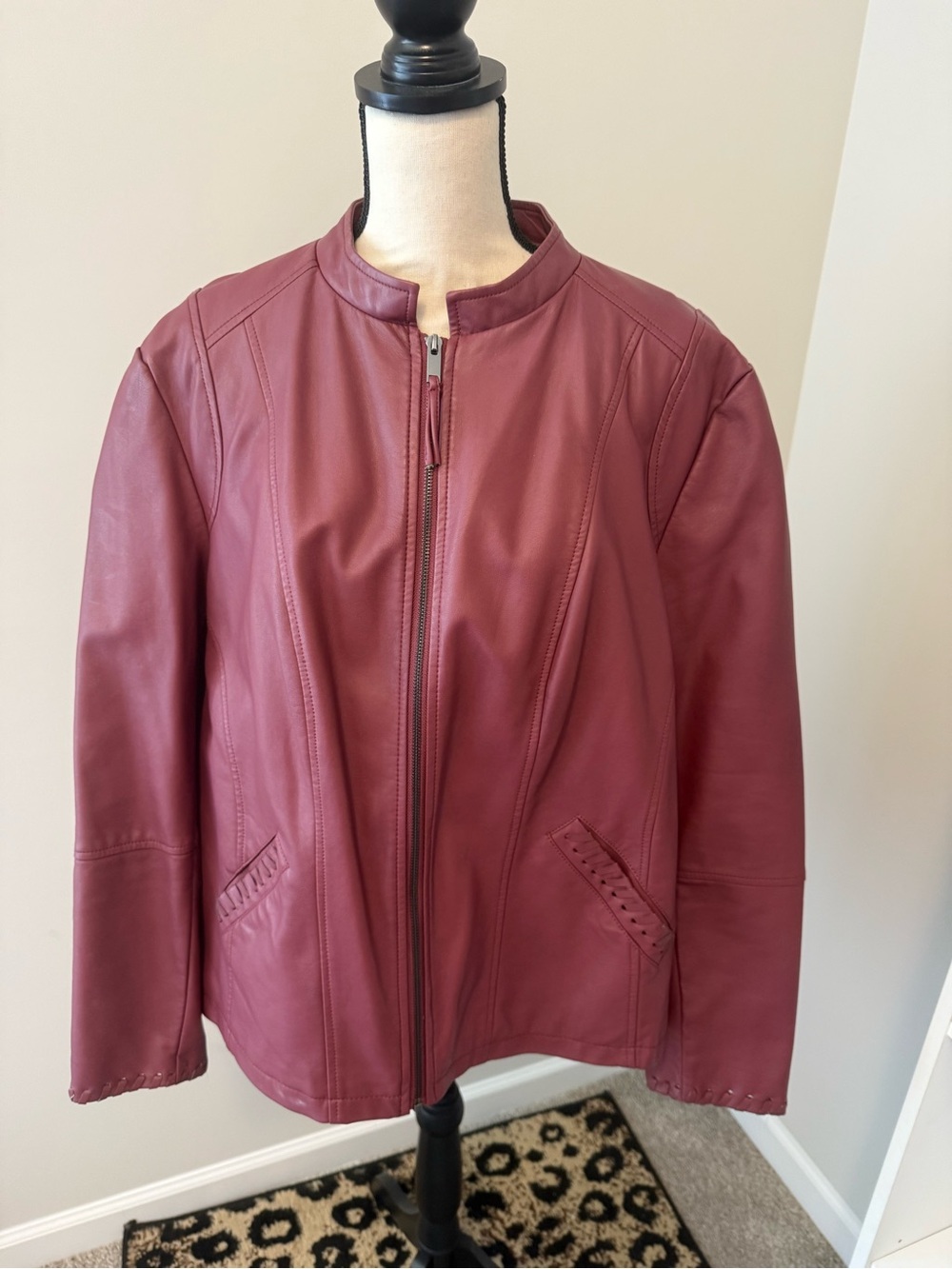 Women's Burgundy Leather Zip-Front Jacket